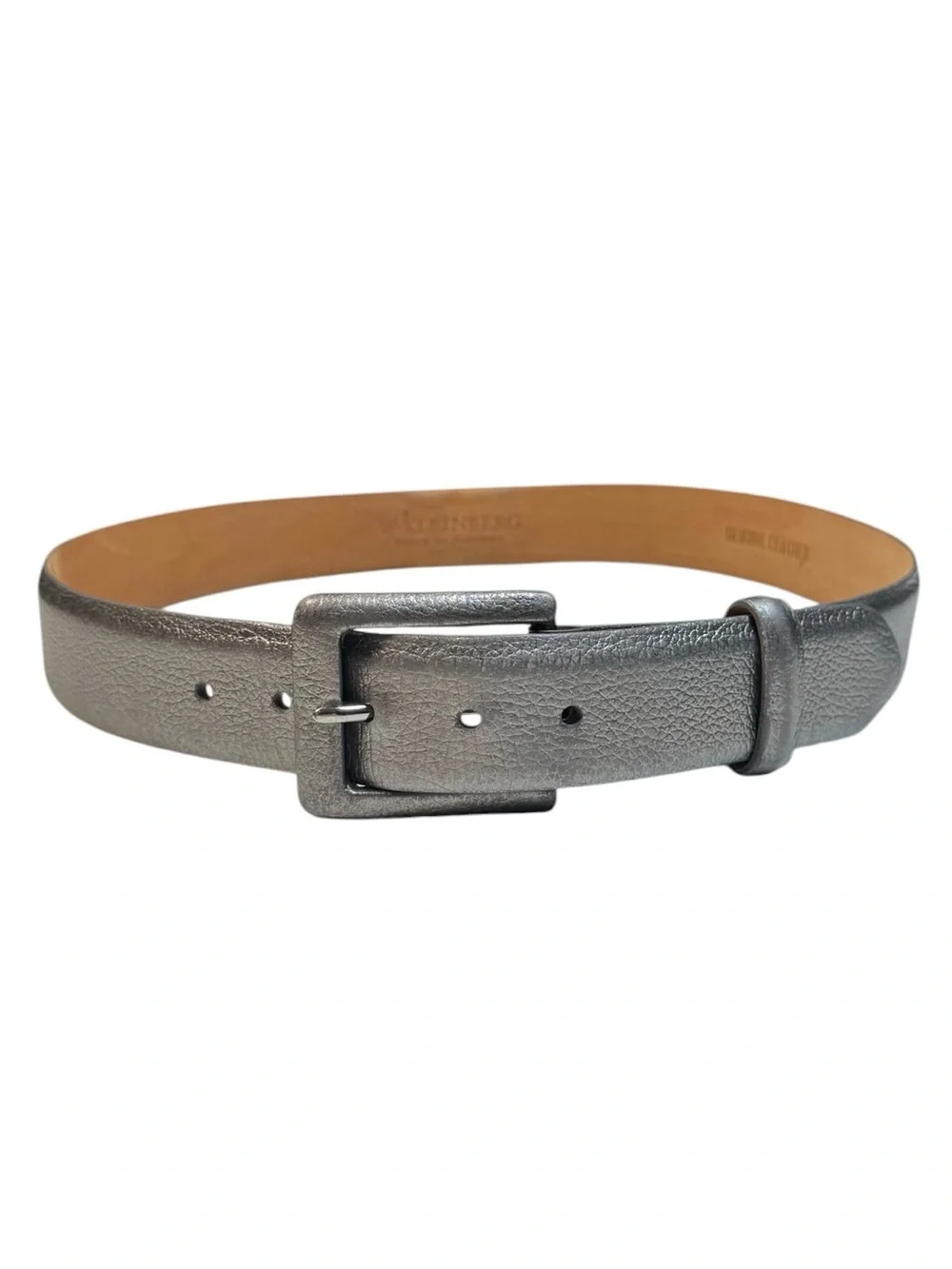 W. Kleinberg Silver Metallic Leather Wide Statement Belt Rectangle Buckle USA S